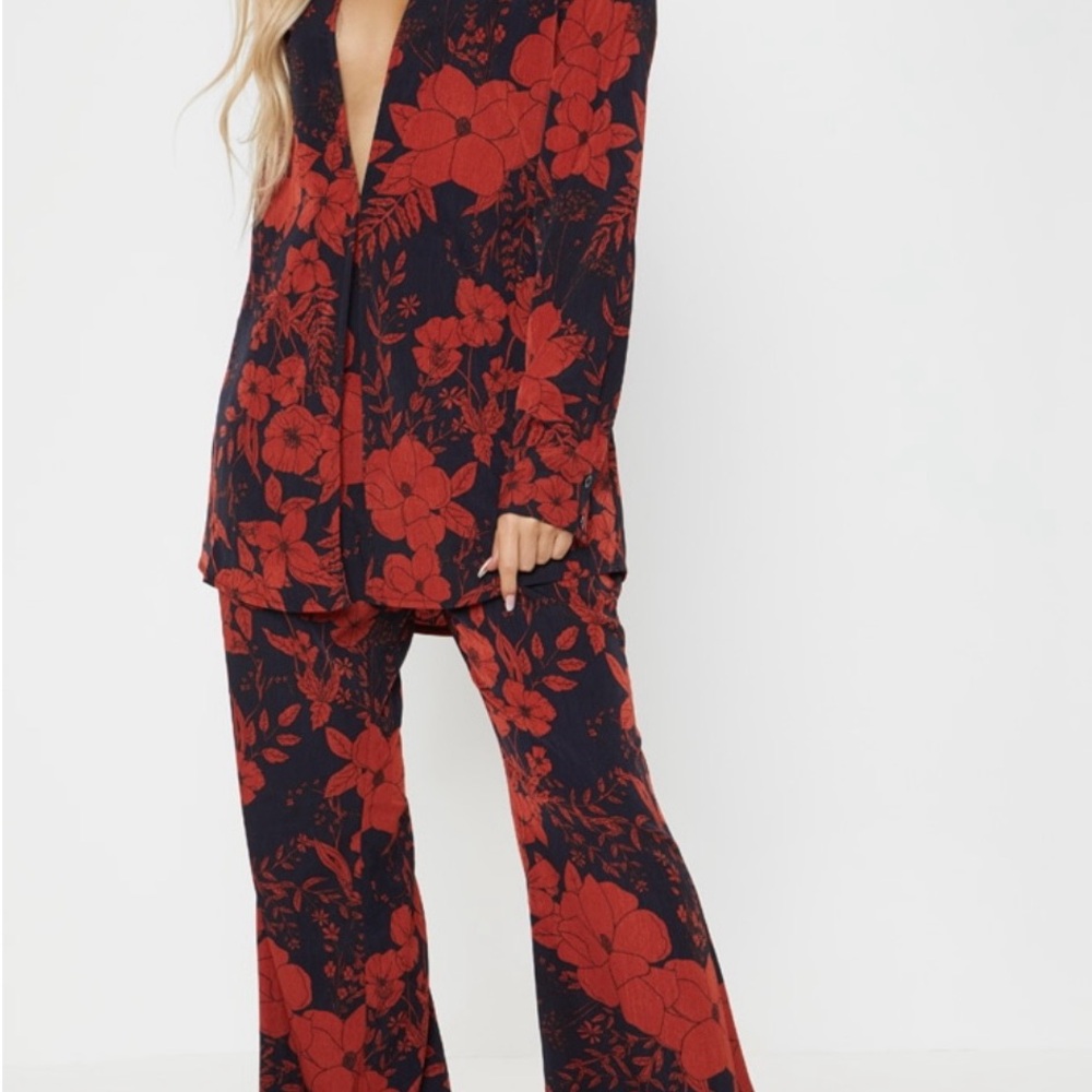 PLT Floral Red and Black Women's Pants and Oversized Shirt Set